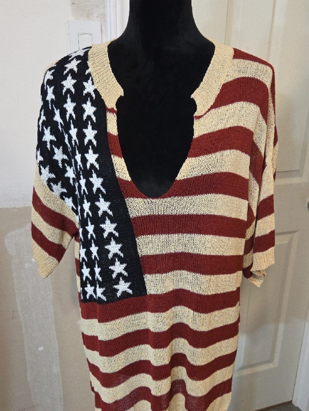 American Flag Bibi Striped Knit V-Neck Tunic Top Star Short Sleeve Beach Boho - Picture 16 of 16